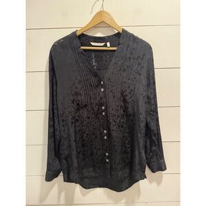 Soft Surroundings Sistine Floral Embroidery Jacquard Pintuck Shirt Black Small